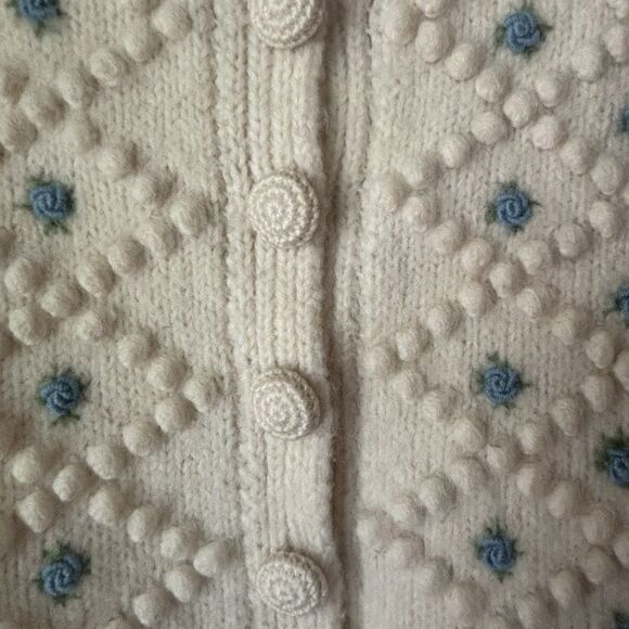 Vintage 40s 50s Wool Popcorn Knit Cardigan Sweater Cropped S Blue Floral Buttons - Picture 9 of 16